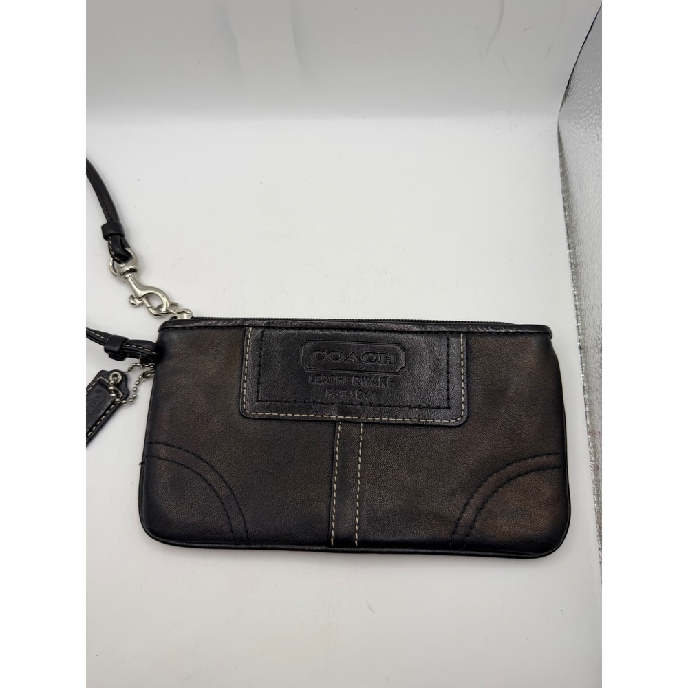 Coach Black Leather Wristlet Wallet Bag Silver Hardware Contrast Stitching